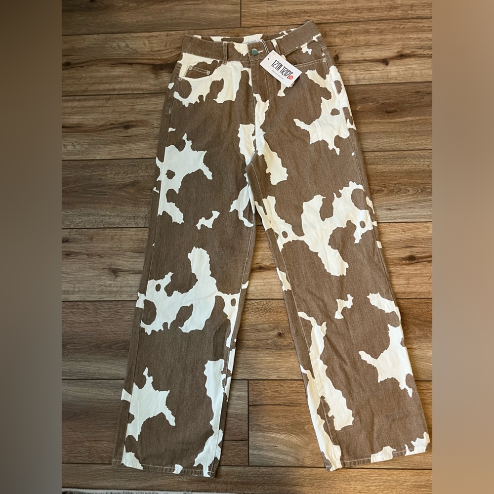 12th tribe cow pants brown and white medium
